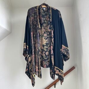 Vintage Tienda Ho Kimono Cardigan Top Free Size Black Floral Boho Draped Artsy
